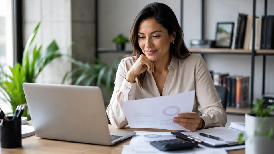 Mujer revisando documentos para optimización y deducibilidad fiscal