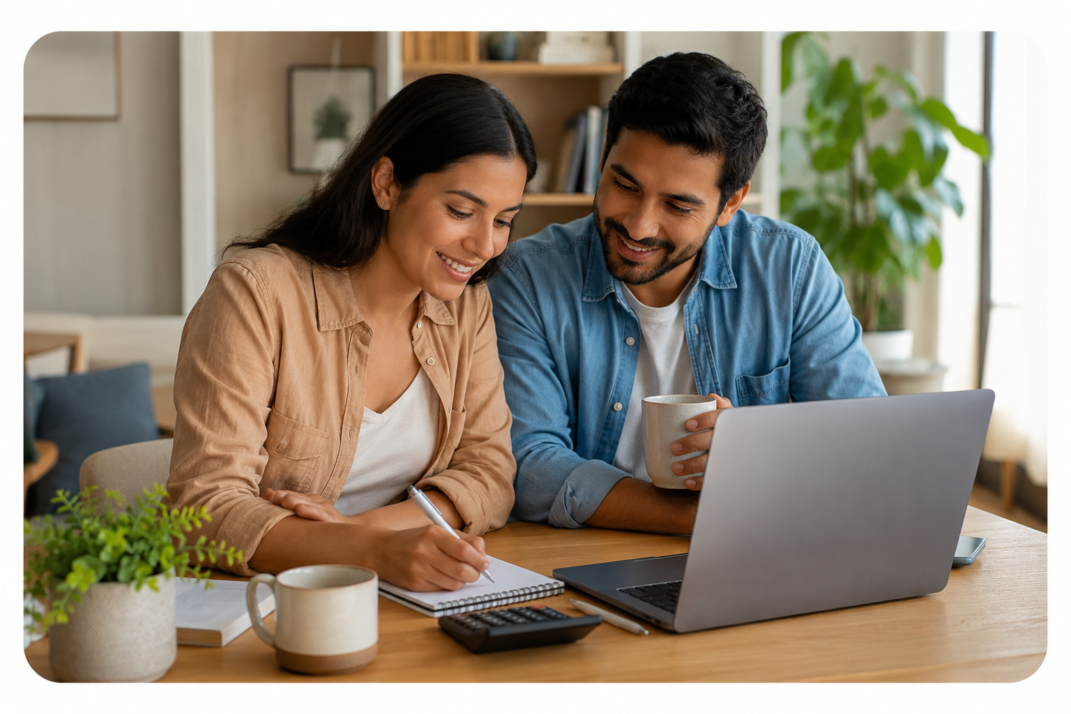 Pareja aprendiendo finanzas personales con laptop y libreta