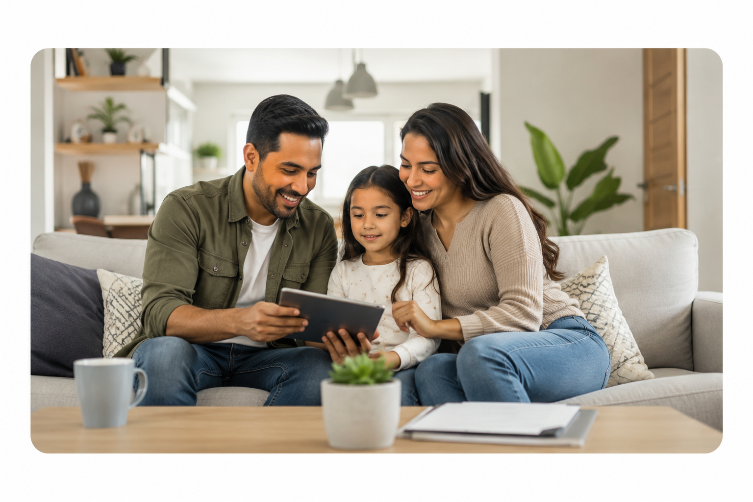 Familia consultando opciones de protección patrimonial en casa